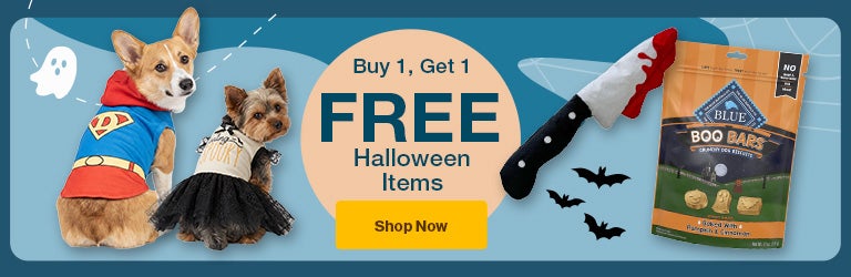 Halloween toys "Buy 1 Get 1  FREE Halloween items Shop now" on background with ghosts and bats