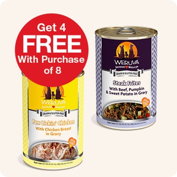 Two cans of Weruva dog food – "Paw Lickin’ Chicken" and "Steak Frites" – with a red circular label that reads "Get 4 FREE With Purchase of 8".