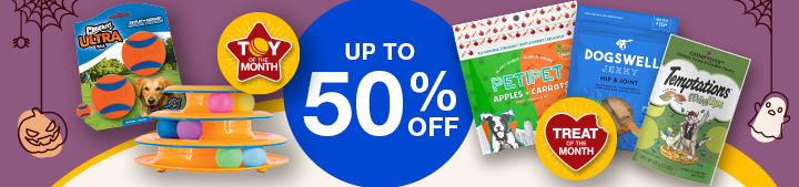 Collection of pet toys and treats with up to 50% off badge and Toy of the month icon