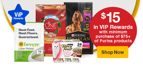 "$15 in VIP Rewards with minimum purchase of $75+ of Purina products" Shop now button with products showing dog food, cat food, litter