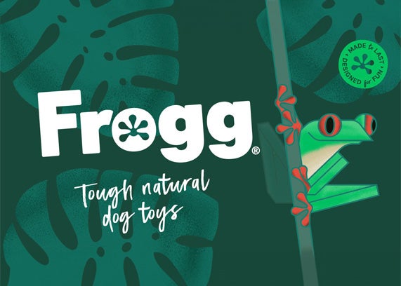 Frogg "tough natural dog toys" logo with a frog on a palm leaf green background