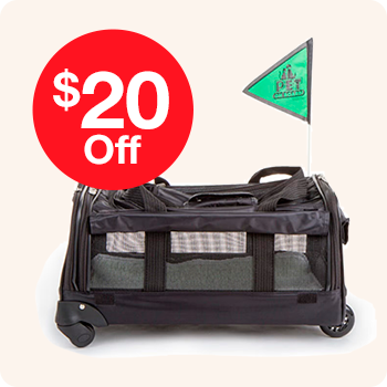 20% discount on pet travel bags, featuring various styles and colors for comfortable pet travel.