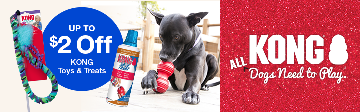 KONH logo "All Dogs Need to Play" "Up to $2 off KONG toys & Treats" in blue bubble with Kong toys and a dog