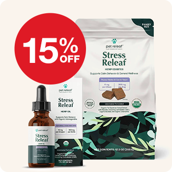 Pet Releaf's Stress Releaf Hemp Oil bottle and Stress Releaf Hemp Edibites pack with red offer label stating "15% OFF"