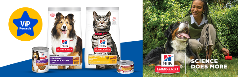 Hill's science diet food two bags and two cans plus a dog sitting outside with person "Science Does More" 