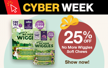 CYBER WEEK 25% off no more wiggles soft chews Shop now! image of two bags of dog chews
