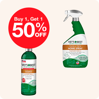Buy 1, get 1 at 50% off on pet supplies promotion banner.