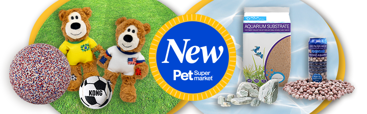 New at Pet Supermarket badge with two bears, a purple ball, and reptile substrate and decor
