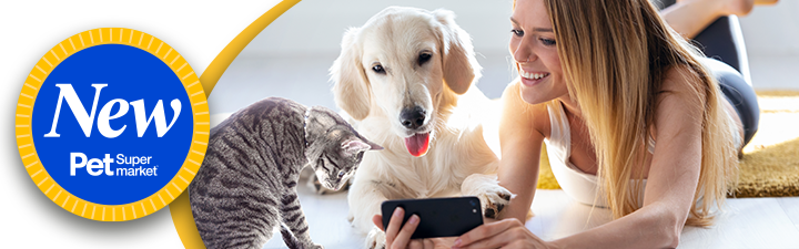 New at PetSupermarket Icon with woman on floor with her white cat and beagle dog giving dog treat -  Check out the new products available at Pet Supermarket