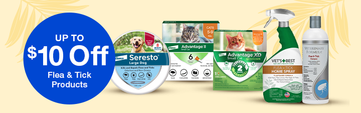 Up to $10 off flea & Tick products with images of seresto dog collar, advantage ii, flea & tick spray and shampoo