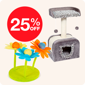 25% discount on cat furniture and accessories, promoting a sale for pet owners