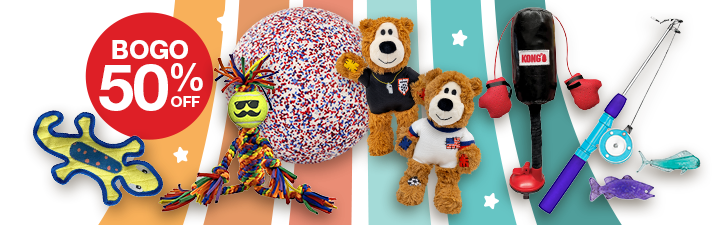 BOGO 50% Off with two bears, a red/blue ball, and reptile toy on summer rainbow background