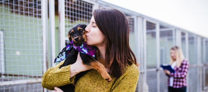 Woman holding an adopted dog