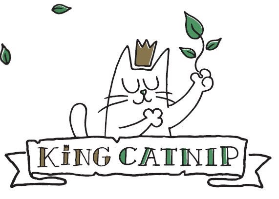 King catnip logo inside of a white banner with a illustrated cat with a crown holding a leaf “100% organic North American catnip”
