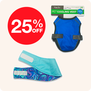 Pet cooling vest promotional image with a 25% discount offer displayed prominently.
