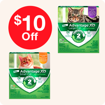 Two packages of Advantage XD for cats, marked down with a $10 discount