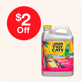 A bottle of cat litter with a $2 off sign displayed prominently on the front.