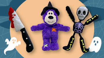 Halloween-themed dog toys, including a plush orange dog toy with a green witch hat, a green-haired zombie plush toy, and a stack of three plush Jack-o'-lantern pumpkins. The background features a spooky theme with stars and shadows.