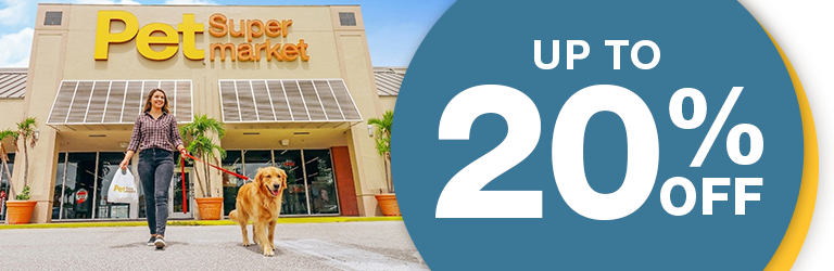 Up to 20% off image of woman and dog walking out of Pet Supermarket store