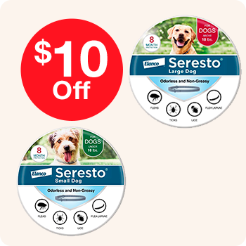 Two collars of Serteto dog food featuring a promotional label stating "$10 off" for savings on pet food.