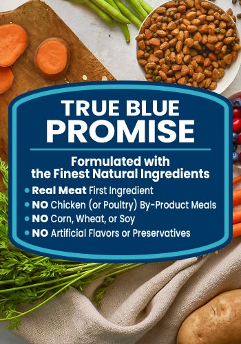 A marketing banner with a dark blue graphic badge centered over a background of fresh food ingredients. The text inside the badge reads "TRUE BLUE PROMISE," followed by "Formulated with the Finest Natural Ingredients." It lists four bullet points: "Real Meat First Ingredient," "NO Chicken (or Poultry) By-Product Meals," "NO Corn, Wheat, or Soy," and "NO Artificial Flavors or Preservatives." The background features grilled chicken breast, fresh carrots, blueberries, cranberries, kibble, and fresh parsley on a rustic cloth surface.