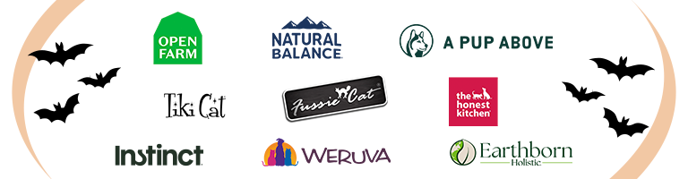 A promotional banner featuring black bats framing a grid of popular pet food brand logos against a light background.