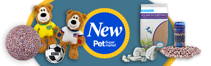 New at PEt Supermarket badge with two bears, a purple ball, and reptile substrate and decor