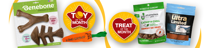 Collection of pet toys and treats with up to 25% off badge and Toy of the month icon