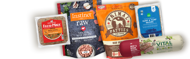 frozen food Stella & Chewy's. Instinct Raw, Primal Patties and Open Farm Fish dog food