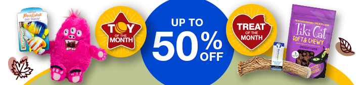 Collection of pet toys and treats with up to 50% off badge and Toy of the month icon