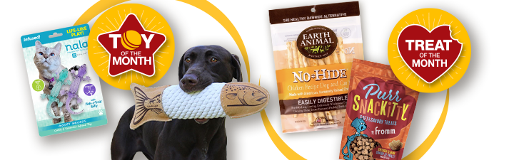 black lab dog with toy and and cat toy with two bags of treats and icons for treat of the month and toy of the month