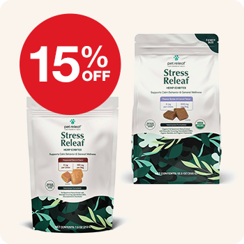 Pet Releaf's Stress Releaf Hemp Oil bottle and Stress Releaf Hemp Edibites pack with red offer label stating "15% OFF"