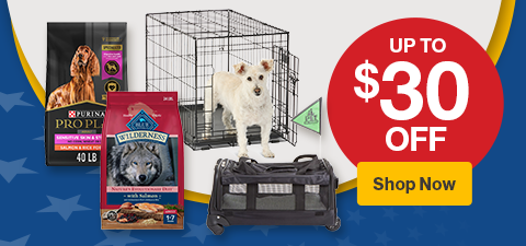 Up to $30 off shop now with dog food bags, a crate with white dog, and travel carrier. 