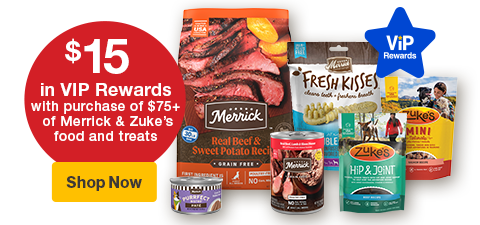 "$15 in VIP Rewards with minimum purchase of $75+ of Merrick & Zuke's food and treats"