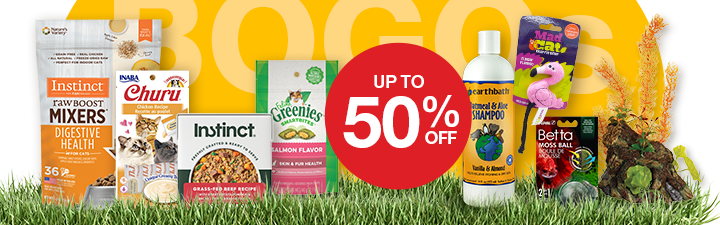 "BOGOs up to 50% off" dog treat bags, chews, and toys