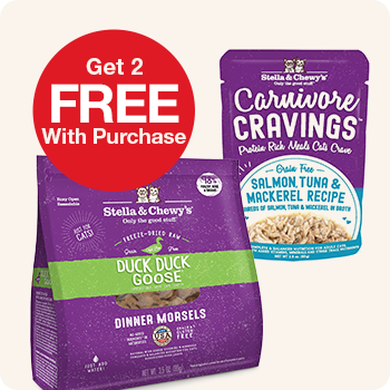 Stella & Chewy's freeze-dried raw and wet cat food with "Get 2 FREE With Purchase" offer.