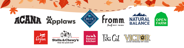 A promotional banner featuring colorful autumn leaves framing a grid of popular pet food brand logos against a light background.