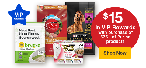"$15 in VIP Rewards with minimum purchase of $75+ of Purina products" Shop now button with products showing dog food, cat food, litter