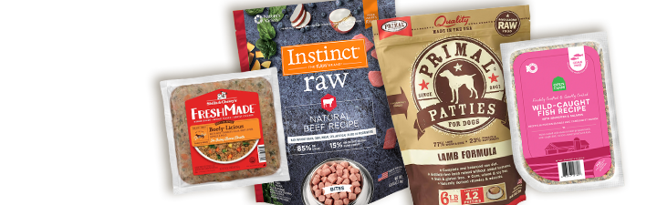 Gently cooked food and raw, Stella & Chewy's. Instinct Raw, Primal Patties and Open Farm Fish dog food