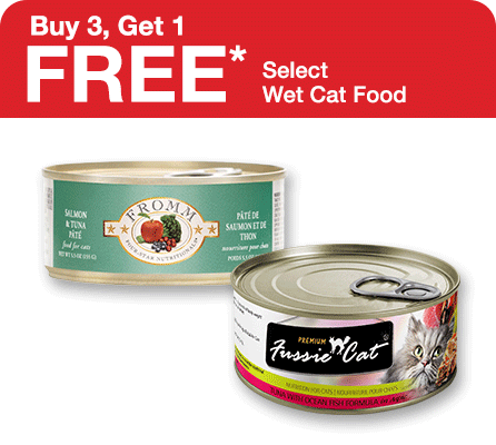 Buy 3 Get 1 Free pet deals on wet cat food cans