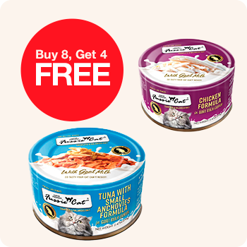 Two cans of cat food featuring a promotional label: "Buy 8, get 4 free" in bold text.