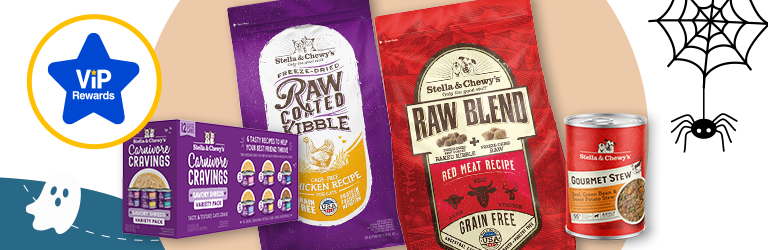 Stella & Chewy's raw pet food and treats displayed with VIP and Halloween graphics.