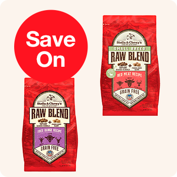 Two bags of raw blend dog food with a promotional label indicating $20 off the purchase price.