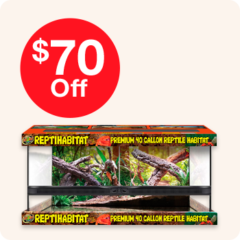  A reptile display featuring a sign indicating a $70 discount on selected items.