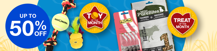 Collection of pet toys and treats with up to 50% off badge and Toy of the month icon