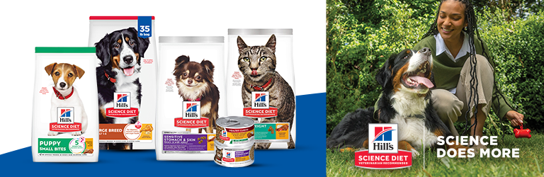 Hill's science diet food four bags and one can plus a dog sitting outside with person "Science Does More" 