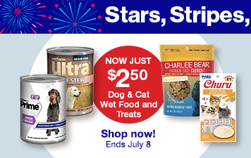 "Now Just $2.50 dog & cat wet food and treats" Shop Now! Ends July 8.  images of dog cans and cat treats