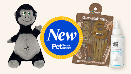 New at Pet Supermarket Skouts Honor ear cleaner, chew-cuterie board and kong gorilla toy