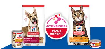 Two bags of Hill's pet food and two cans for Hill's pet food displayed with a prominent Active Biome+ multi benefit badge