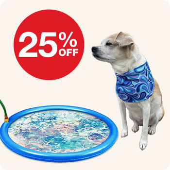 A small dog wearing a blue patterned cooling bandana sits beside a blue splash mat filled with water, with a red circular label stating "25% OFF"